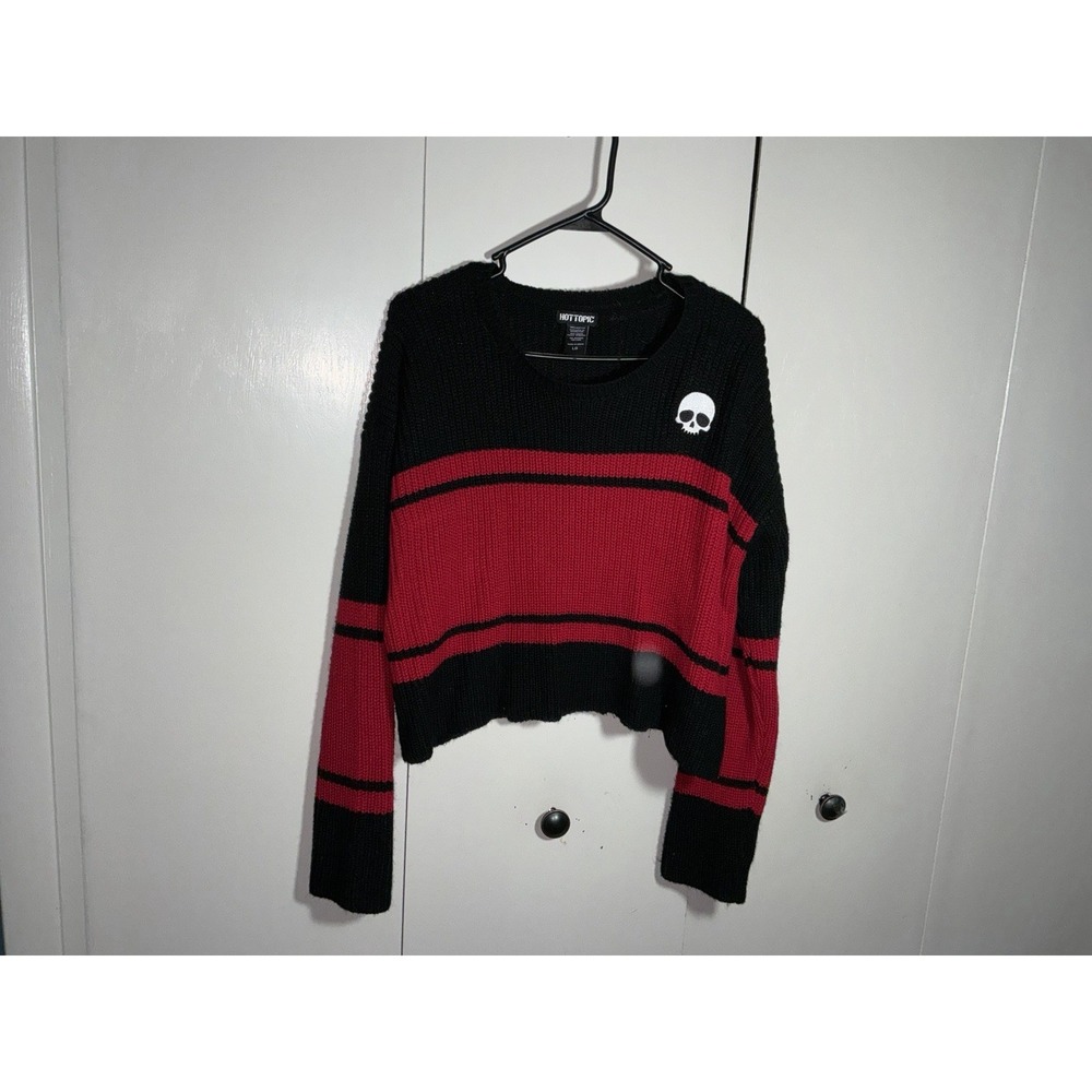 Hot Topic Red And Black Knit Sweater Women's Size Large Cropped Skull - Picture 2 of 4